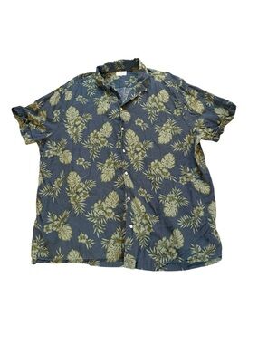 Mutual Weave Short Sleeve Camp Shirt Mens 2XL Linen Blue Green Tropical Leaves